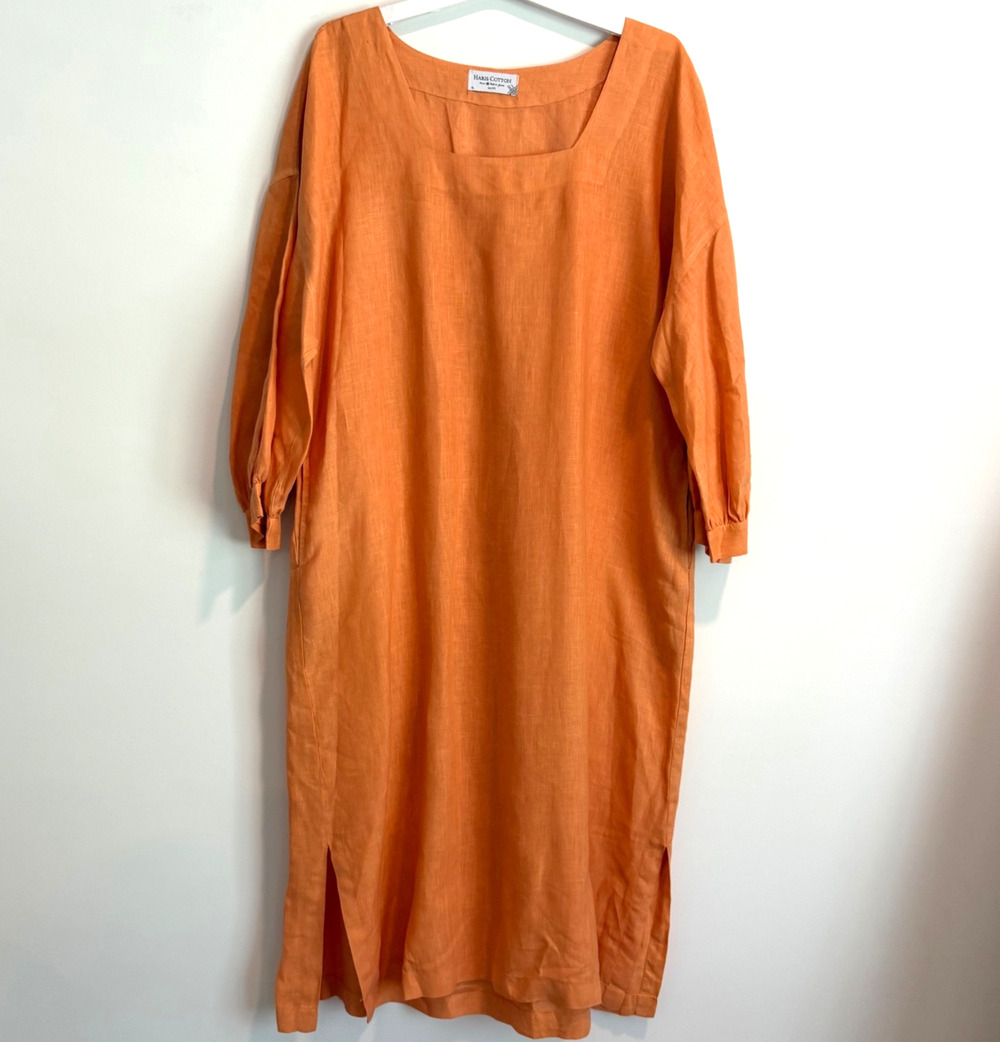 Haris Cotton Dress Womens XL Orange Linen Short Square Neck Laganlook Summer